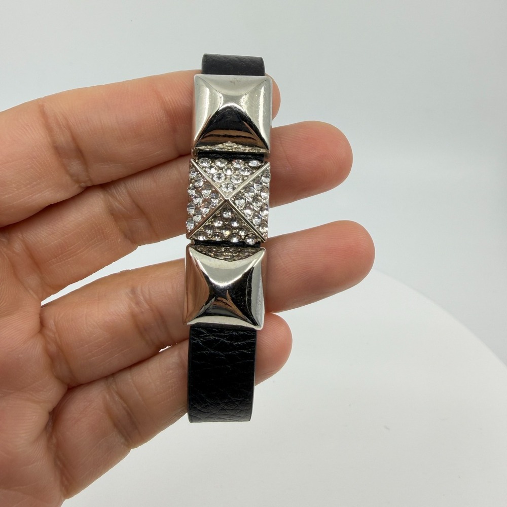Genuine Leather Crystal Buckle Bracelet Gothic Punk Statement Cuff Accessory - Picture 10 of 12
